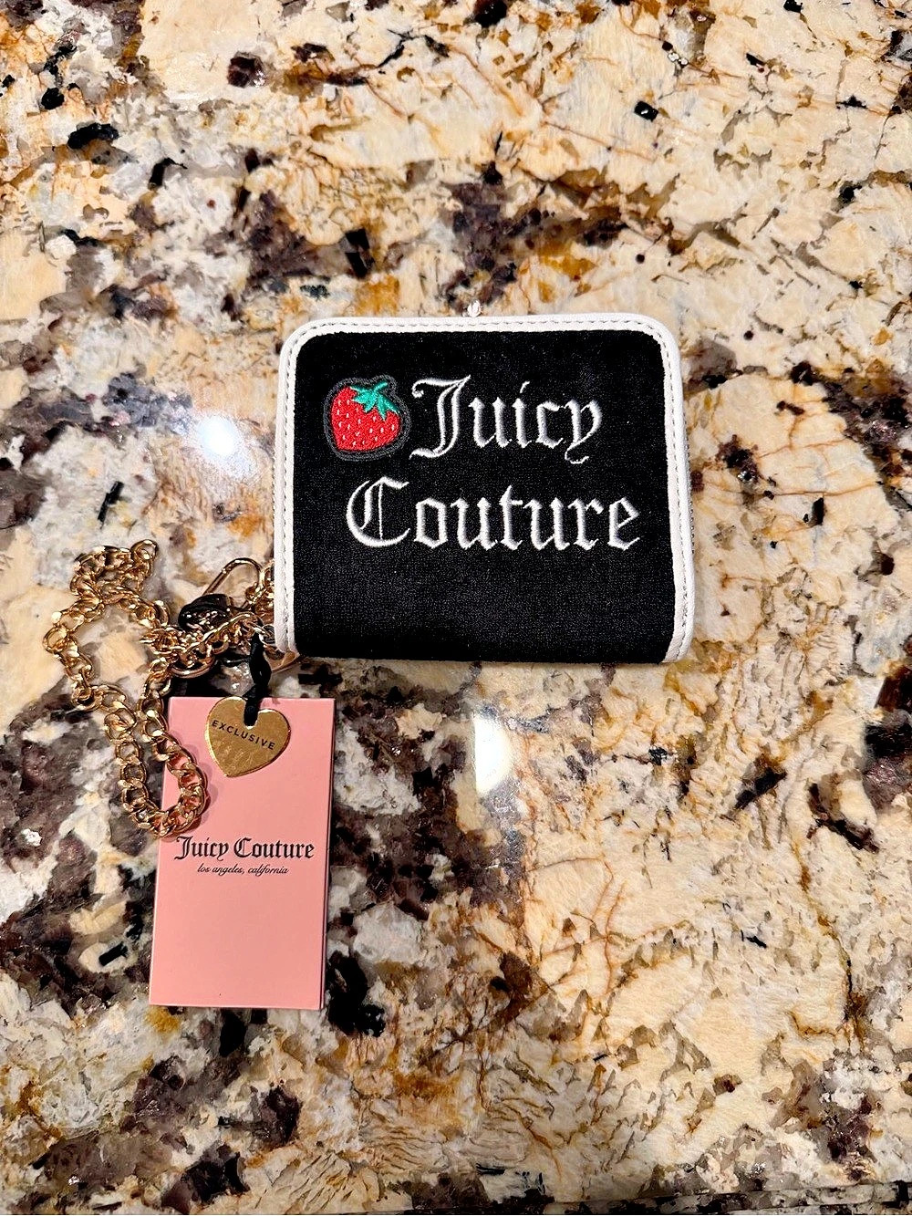 Juicy Couture Strawberry Patch Chain Wallet Pink & Black Triple Fold w/ Zip Coin